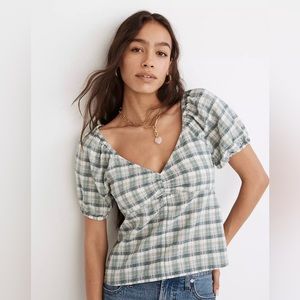 NWT Madewell Plaid Puff-Sleeve Ruched Bodice Top